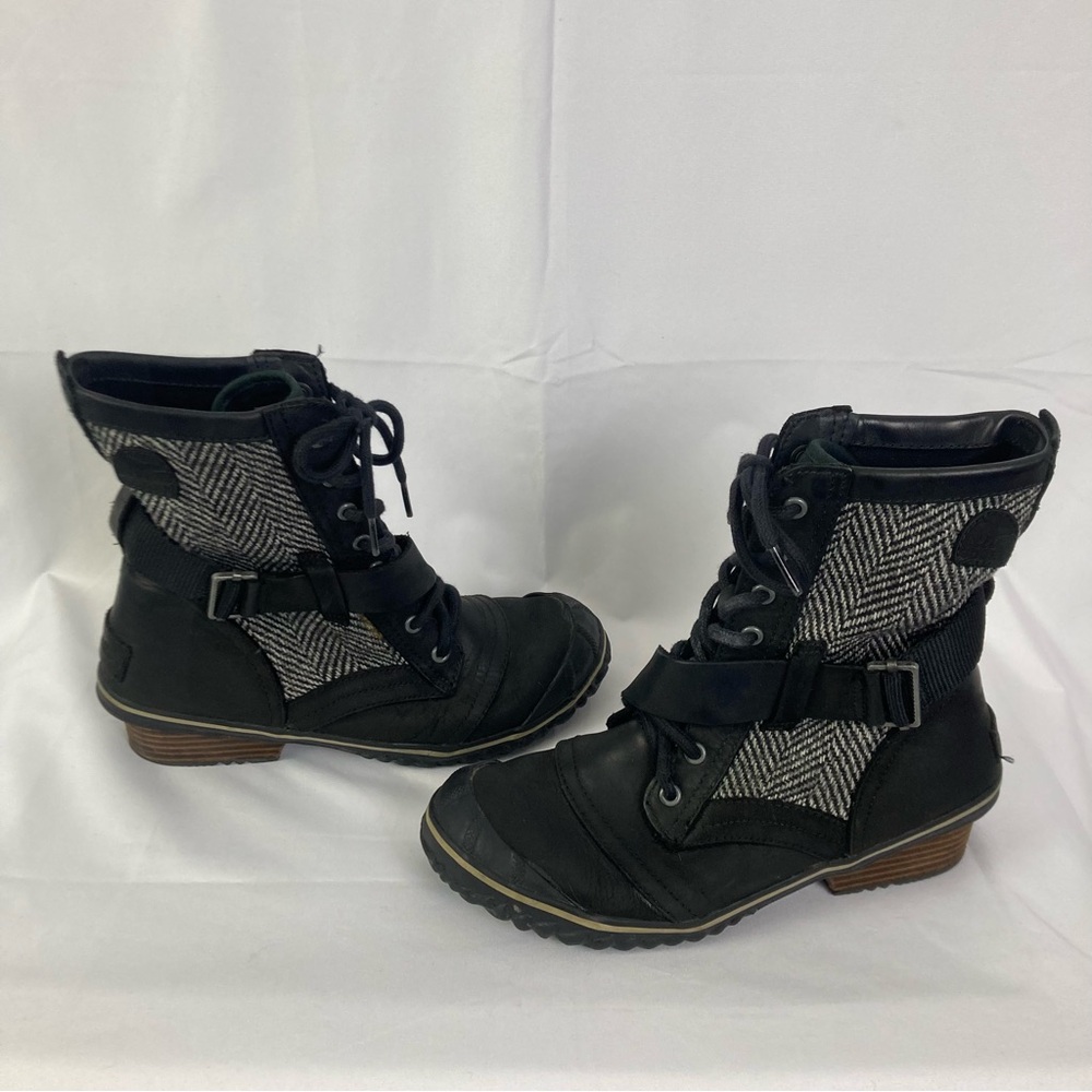Sorel Women's Sz 9 Slimboot Black Tweed Lace Up Ankle Boots Heeled Winter - Picture 6 of 16